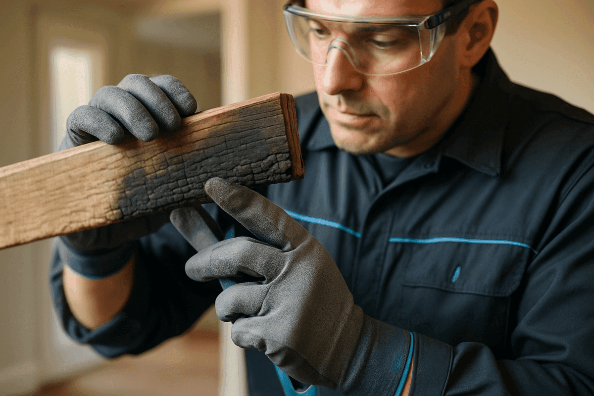 Close-up of gloved hands inspecting a charred wooden beam during fire damage restoration